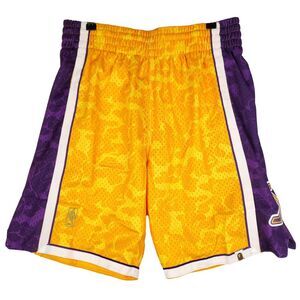 BAPE LA Lakers Mitchell & Ness NBA L Large Jersey Shorts‎ Yellow Purple NWT